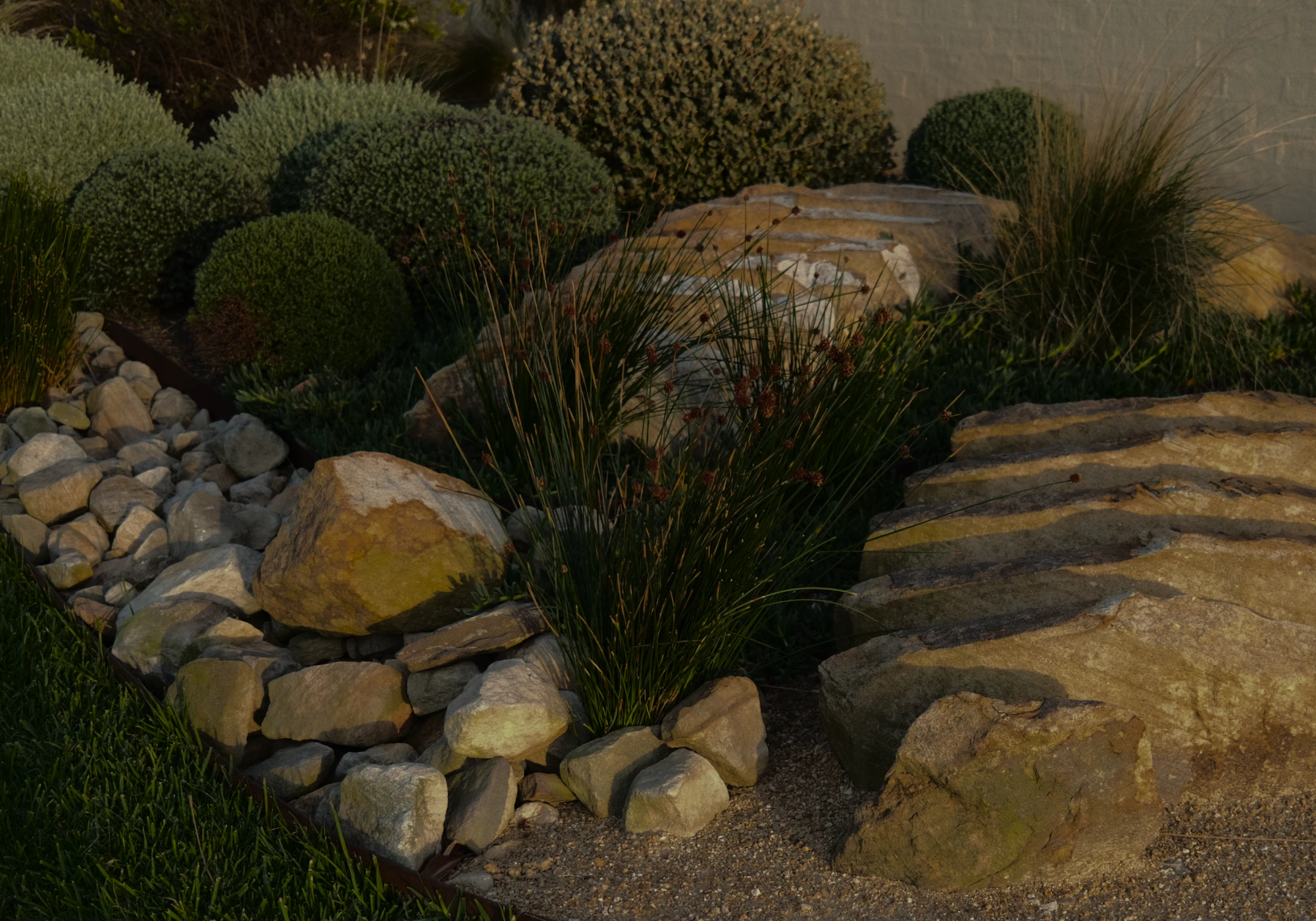 Sandstone rockery with native grasses and sculptural planting